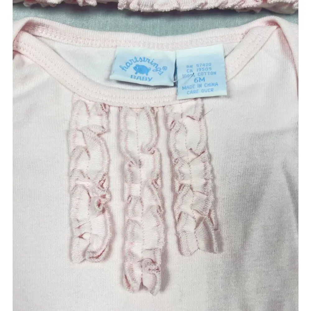 Hartstrings Baby Pink Ruffle Romper & Hat Set 6M Cotton NWOT Vintage Girl READ